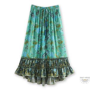 Green Jewel Floral Boho Midi Skirt, Fall Skirt, Gypsy Skirt, Hippie Skirt, Boho